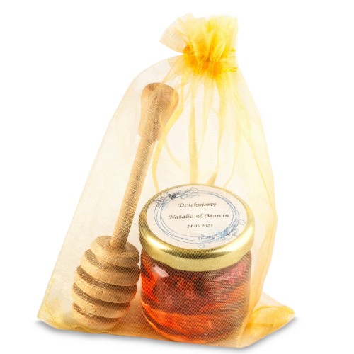 Maliny w miodzie z nabierakiem i woreczkiem podziękowanie dla gości