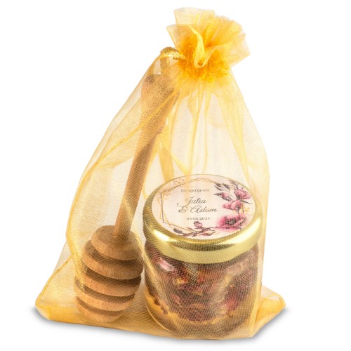 Płatki róży w miodzie z nabierakiem i woreczkiem podziękowania dla gości