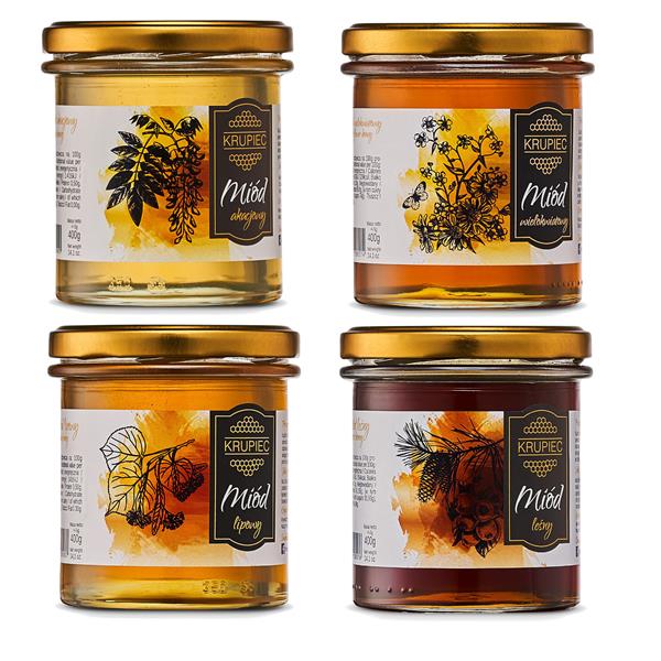 Zestaw degustacyjny 4 naturalnych miodów Krupiec w słoikach